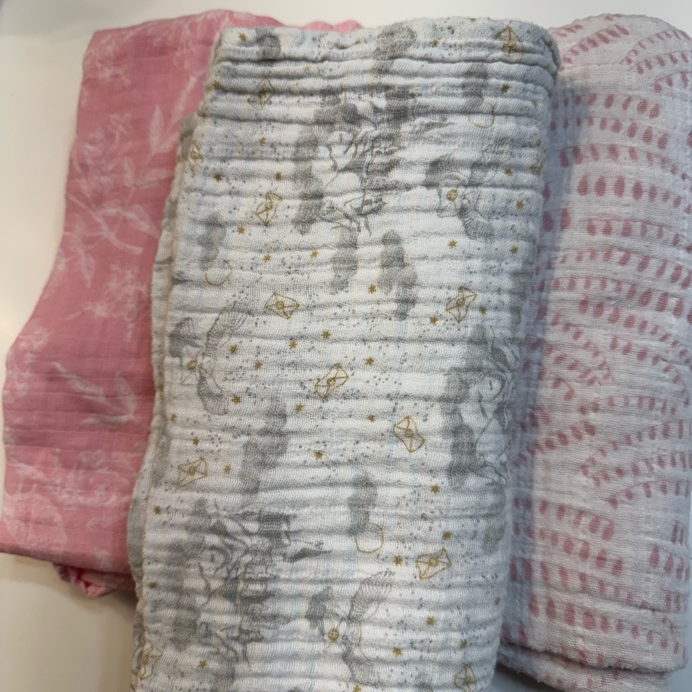 aden + anais muslin Baby Blankets bundle- Pink, Gray, and White, Harry Potter